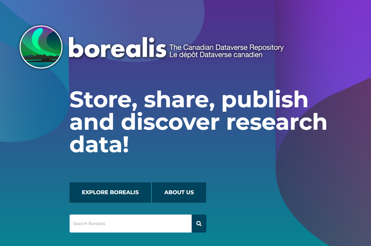 Image of the new Borealis logo, which depicts northern lights soaring over the Canadian shield. Text reads: Borealis, the Canadian Dataverse Repository / le dépôt Dataverse canadien. Store, share, publish, and discover research data! There is a box to search and a button to Explore Dataverse. The background of the image is blue-green and purple swirls, echoing the aurora borealis.